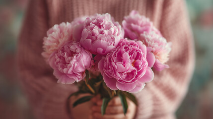 Young woman holding bouquet of white pink peonies in street