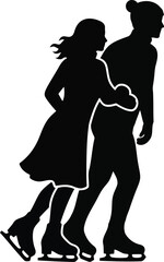 Couple ice skating together silhouette dynamic movement romantic winter sport activity vector