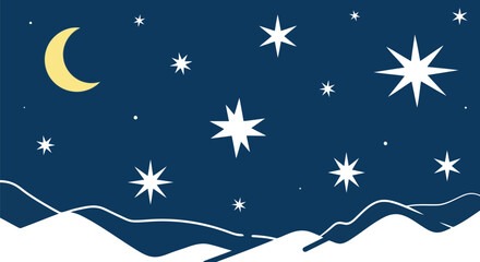 Whimsical crescent moon and starry night sky over snowy landscape vector