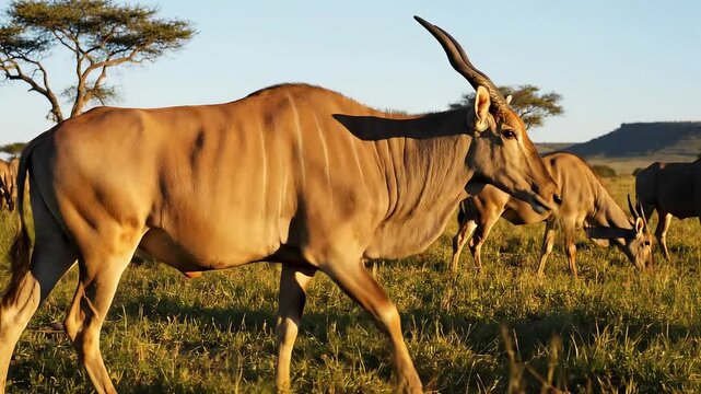 Eland standing in a grassy field with other antelope in Africa