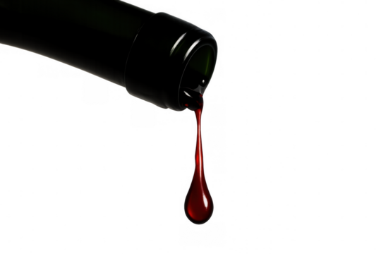 Red wine dropping from a bottle, a single tear-shaped liquid drip, isolated visual on transparent background
