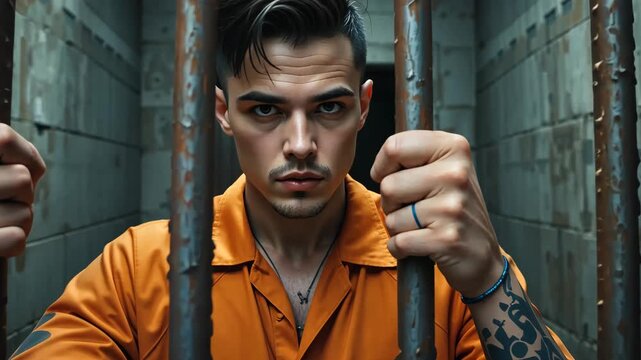 Young man behind prison bars in orange jumpsuit looking intensely at camera, dramatic light. Concept of crime and redemption
