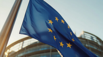 Vibrant Flag: A close-up captures a blue flag adorned with a circle of gold stars waving gently in the breeze, the sunlight glints off the flagpole, casting a warm glow.