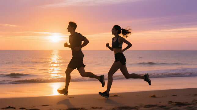 A man and woman run together along the beach at sunset, enjoying fitness, freedom, and the calm ocean atmosphere under colorful skies.
