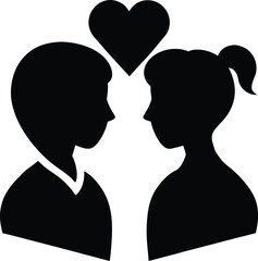 Romantic couple silhouette with heart above heads symbolizing love and unity