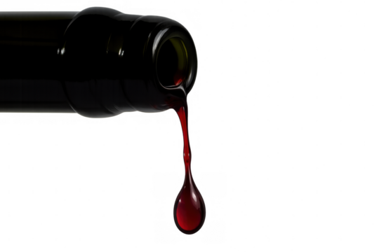 Bottle pouring last drop of red wine, liquid leaving bottle neck, showing final splash, transparent background