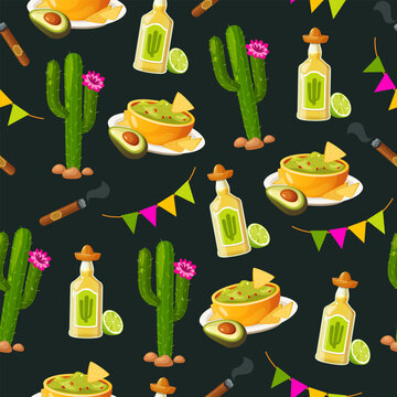 Vector seamless pattern with traditional Mexican elements including cactus plants, tequila bottles, colorful decorative garlands, cigars, and guacamole bowls, isolated on a dark green background. 