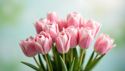Naklejka premium Fresh Pink Tulips Bouquet on Soft Blue Background