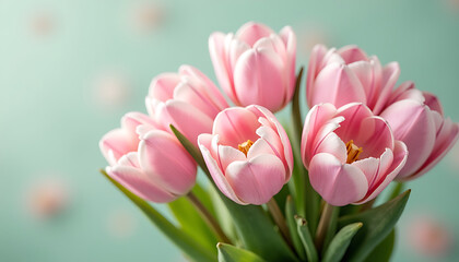 Fototapeta premium Fresh Pink Tulips Bouquet on Soft Blue Background