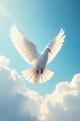 White Dove in Flight Peaceful Soaring Against a Soft Ethereal Sky, Symbolizing Hope, Spirituality, and Tranquility. Perfect for Meditation, Yoga, and Religious Themes.