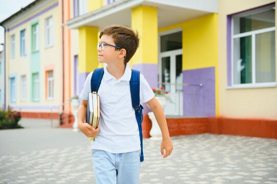 Portrait of boy going to school lessons on sunny summer day