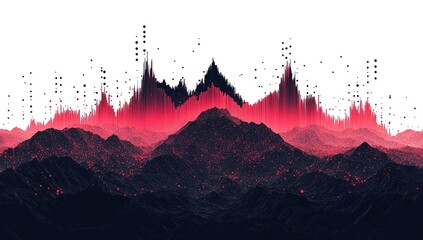 3D rendering of black and red dots on a mountain landscape, a data visualization concept with a low-poly wave pattern for a technology background. Digital dynamic sound waves