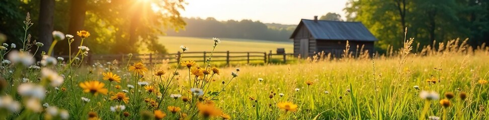 Peaceful Rural Meadow Sunlit Wildflowers Swaying Gently in the Breeze, Rustic Fence, Forgotten Farmstead