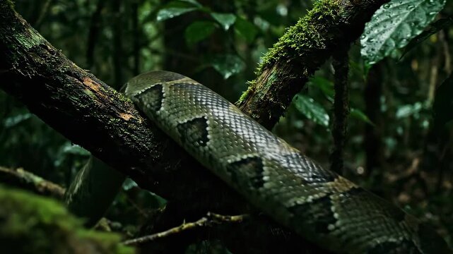 Large python snake on a tree branch in a lush jungle setting