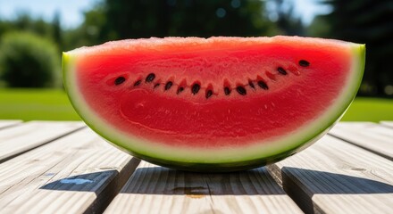 Freshly sliced watermelon on a wooden table, summer fruit.