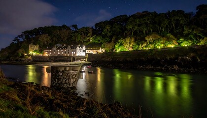 Obraz premium Night scene of illuminated buildings by the water, under starry sky