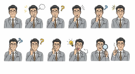 Set of Twelve Male Character Expressions — East Asian Businessman in Suit Vector Illustration