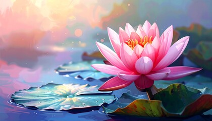 A vibrant pink lotus blossom floats gracefully amidst lily pads on serene water, under a softly lit, pastel sky. The artwork evokes tranquility