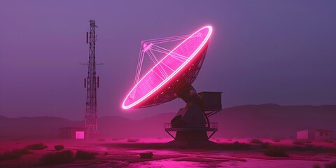 Futuristic satellite dish glowing pink in a desolate landscape at dusk, with a communication tower in the background.