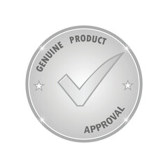 Vector art of a silver circular emblem with a checkmark, the words genuine product and approval around it, two stars flank the checkmark