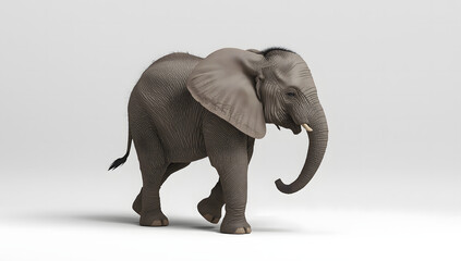 Obraz premium cute baby elephant standing on white background, playful wildlife animal portrait in studio light, adorable young mammal symbolizing innocence, love, and natural beauty in minimal style