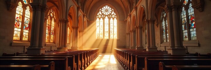 Sunlit Church Interior Peaceful Sanctuary for Prayer and Contemplation, Stained Glass Windows, Crucifix