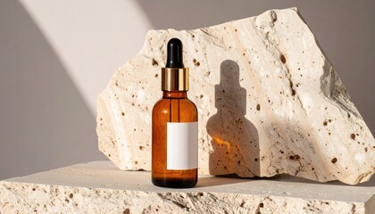 Amber Glass Dropper Bottle on Travertine with Blank Label