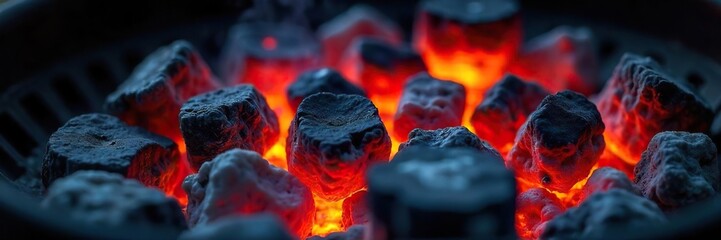 Glowing Embers Intense Heat of Burning Charcoal Briquettes in a Barbecue Grill, Perfect for Summer Cookouts and Outdoor Grilling