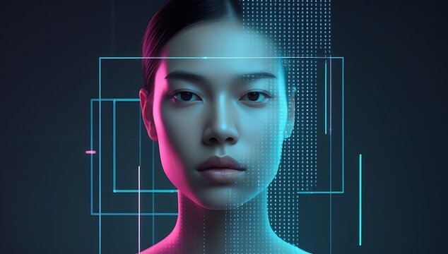 portrait of a person dissolving into virtual light and data grids, AI identity concept, minimalist cyber aesthetic