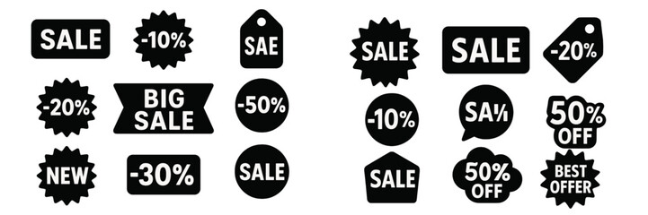 Different sale tags and discount labels illustrating various promotions in black and white