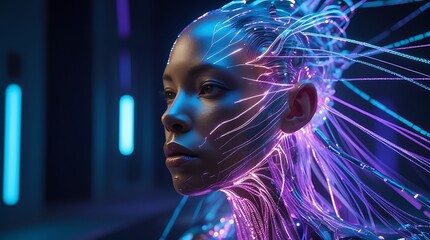 human figure wrapped in glowing data strands, transforming into AI form