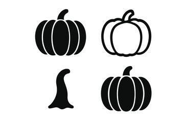 Four distinct black silhouettes of pumpkins with varying shapes and designs suitable for autumn decoration
