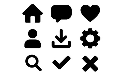 Collection of simple black icons depicting common digital symbols for various actions and features