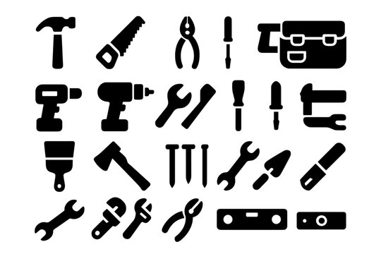 Essential tools for DIY projects and home repairs laid out neatly in black silhouette style on a white background