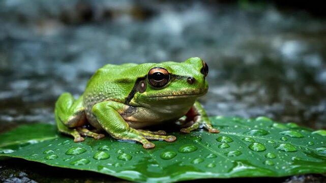 A green frog sits on a wet leaf with water droplets