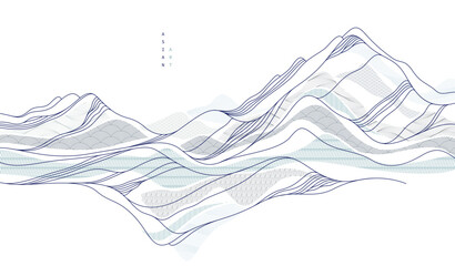 Abstract oriental Japanese art vector background, traditional style design, wavy shapes and mountains terrain landscape, runny like sea lines.