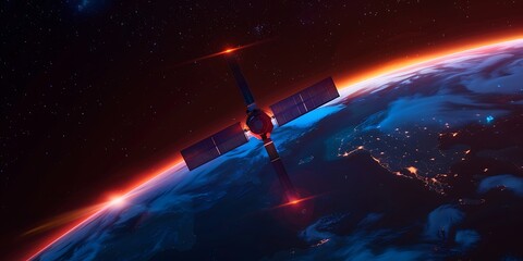 Advanced satellite orbits the luminous Earth, broadcasting signals across continents at dawn.