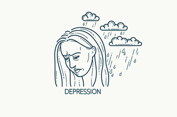 Emotion of depression concept, vector drawing of a woman face displays negativism and sadness, emblem or logo look-like drawing.