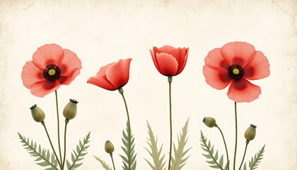 Obraz premium Red Poppy Flower Botanical Illustration on Vintage Background