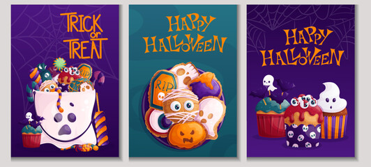 A set of design templates for Halloween. Candies, sweets, cupcakes, cookies. Autumn discounts, sale. Vector illustration in A4 format for posters, banners, promotions, advertisements