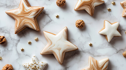 Star-Shaped Christmas Cookies on Marble Background
