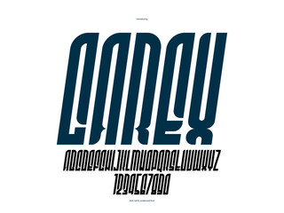  Tall and condensed italic sans serif elegant display font for logos headers or slogans, vector elegant and beautiful geometric typeface, uppercase letters alphabet with numbers.