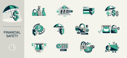 Financial safety vector detailed icons set, secured account and transaction, protected finance money.