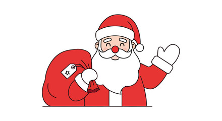 Cheerful cartoon Santa Claus character waving with a big red sack full of gifts. Festive Christmas holiday vector illustration isolated on white