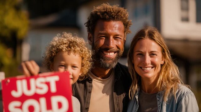 Happy family celebrates moving into new home with a just sold sign, capturing joyous family moments and the excitement of homeownership - Powered by Adobe