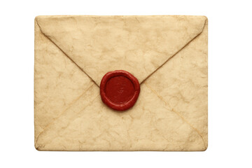 Vintage parchment envelope with a red wax seal, delivering historical concept mail and secret messages, transparent background