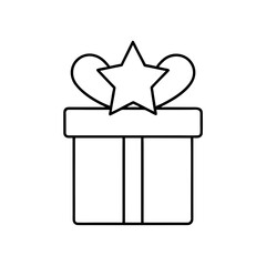 Outline gift box with star and ribbon in black and white on transparent background
