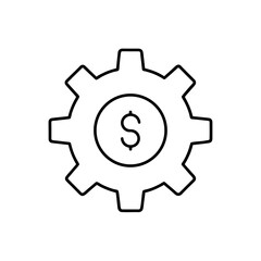 Gear with dollar sign inside circle outline drawing on transparent background