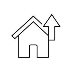 Outline drawing of a house with an upward pointing arrow on transparent background
