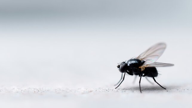 Close-up of a fly on a white surface. the fly is in focus, while the background is blurred, making the fly the focal point of the image.